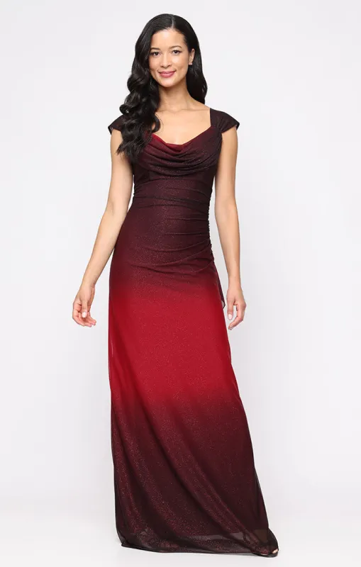 Petite Long Sleeveless Ombre Glitter Mesh Dress with Cowl Neckline and Cascade Detail Skirt sold by Alex Evenings