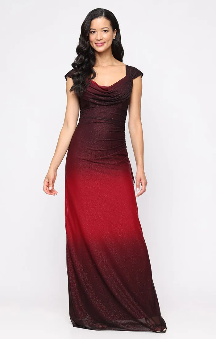 Petite - Sleeveless Ombre Glitter Mesh Dress with Cowl Neckline and Cascade Detail Skirt sold by Alex Evenings