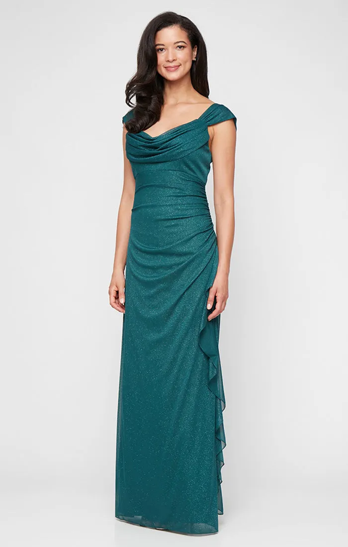Regular - Sleeveless Glitter Mesh Dress with Cowl Neckline and Cascade Detail Skirt sold by Alex Evenings