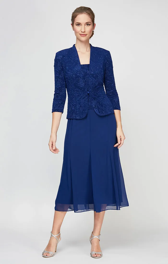 Petite - Tea-Length Jacket Dress with Glitter Jacquard Knit Bodice and Jacket and Mesh Skirt sold by Alex Evenings
