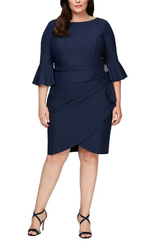 Plus - Sheath Contour Cocktail Dress with Bell Sleeves, Embellished Hip & Cascade Ruffle Detail sold by Alex Evenings