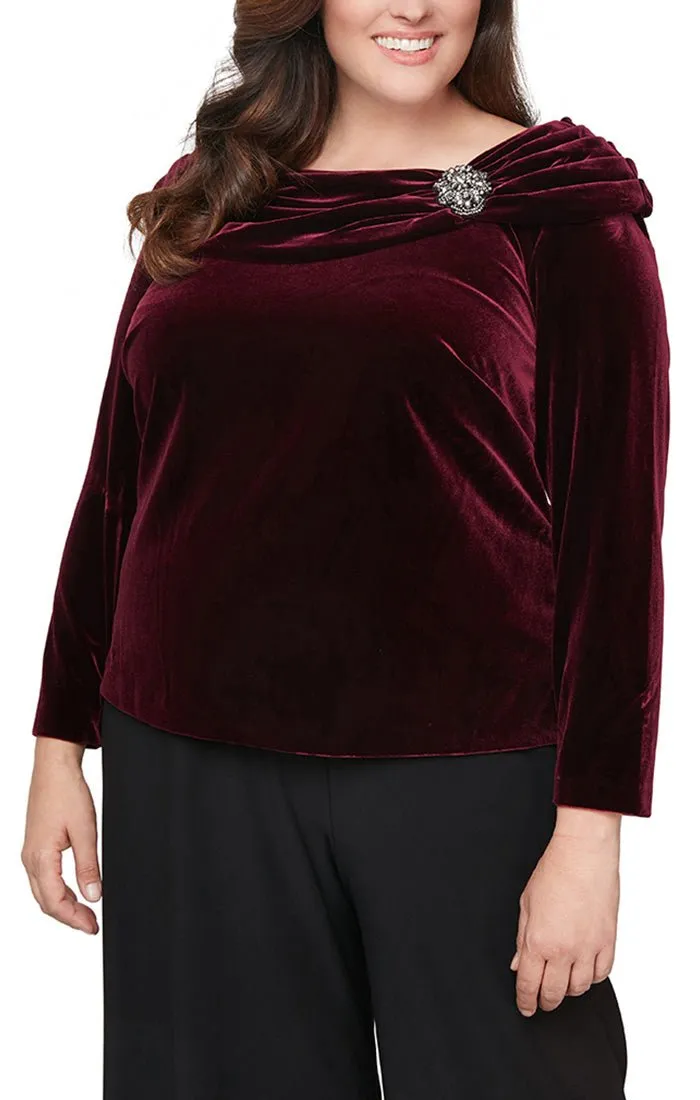 Plus Ruched Boatneck Velvet Blouse with Decorative Broach sold by Alex Evenings