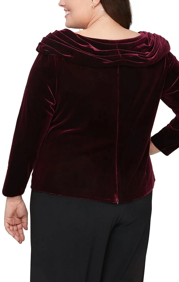 Plus Ruched Boatneck Velvet Blouse with Decorative Broach sold by Alex Evenings product image thumbnail 2