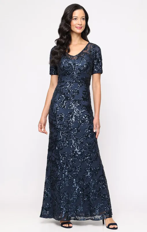 Regular - Sequin Gown with V-Neckline and Elbow Sleeves sold by Alex Evenings