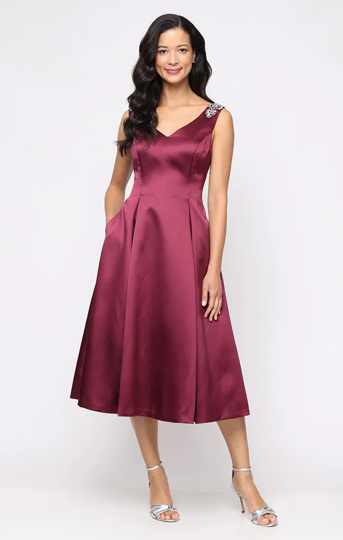 Regular - A-Line Mikado Dress with V-Neckline and Embellishment Detail at Shoulders sold by Alex Evenings