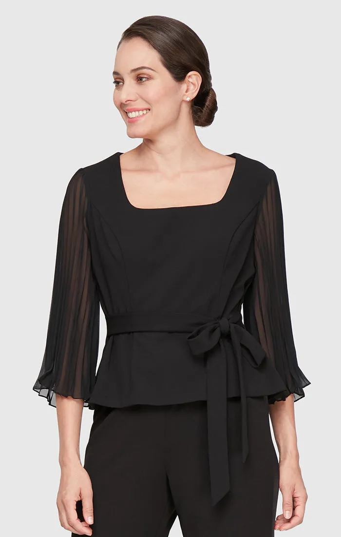 Regular - 3/4 Sleeve Scoop Neck Blouse with Pleated Illusion Sleeves and Tie Belt sold by Alex Evenings