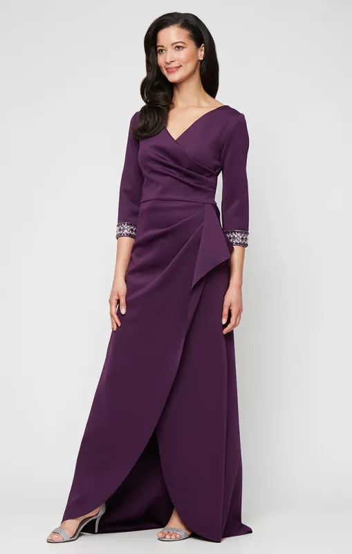 Petite Long Stretch Scuba Crepe Dress with Surplice Neckline, Embellished Sleeve Detail and Tulip Overlay Cascade Skirt sold by Alex Evenings