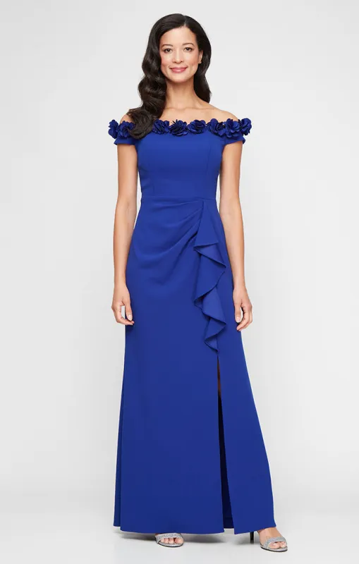 *Long Off the Shoulder Dress With 3D Flower Neckline and Front Slit sold by Alex Evenings