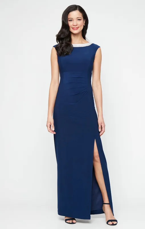 Petite Long Sleeveless Dress with Embellishment Detail at Neckline and Front Slit sold by Alex Evenings