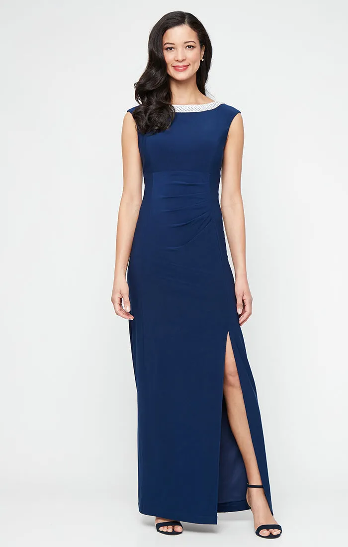 Petite Long Sleeveless Dress with Embellishment Detail at Neckline and Front Slit sold by Alex Evenings