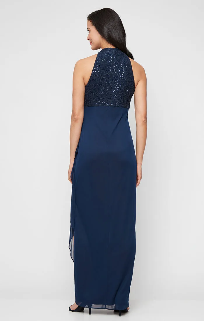 Petite - Long Corded Lace Halter Neck Dress with Mesh Cascade Detail Skirt sold by Alex Evenings product image thumbnail 3