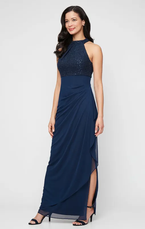 Petite - Long Corded Lace Halter Neck Dress with Mesh Cascade Detail Skirt made by Alex Evenings