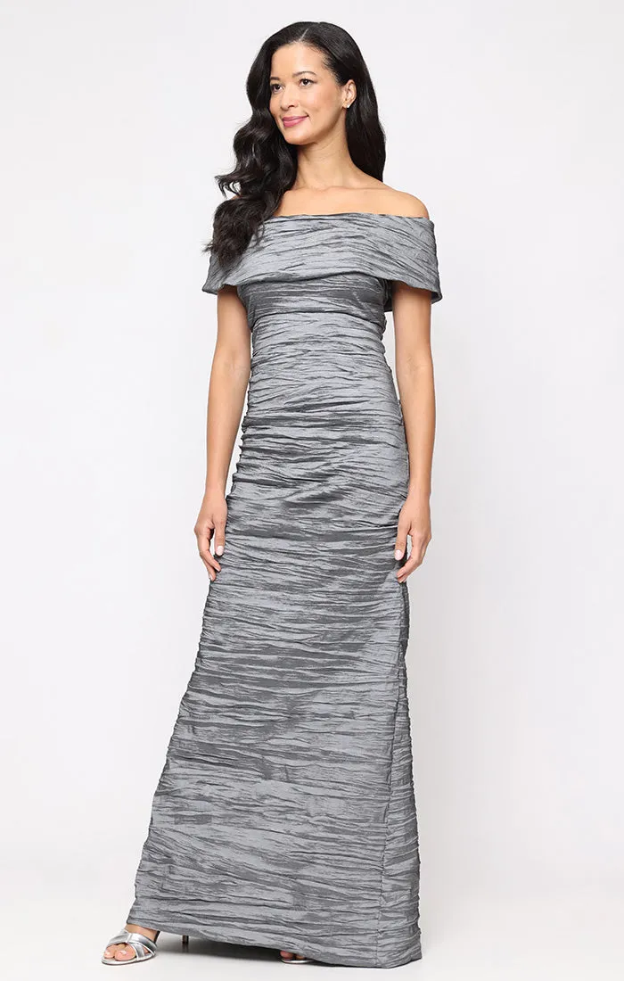 Crinkle Stretch Taffeta Off the Shoulder Gown with Foldover Cuff Neckline sold by Alex Evenings