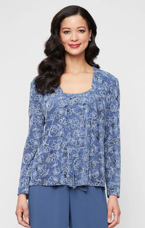 Regular - Glitter Printed Slinky Knit Twinset with Scoop Neck Tank and Open Jacket sold by Alex Evenings