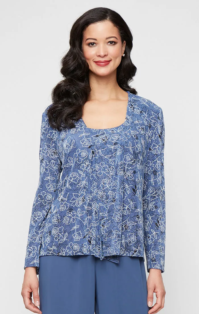 Regular - Glitter Printed Slinky Knit Twinset with Scoop Neck Tank and Open Jacket sold by Alex Evenings