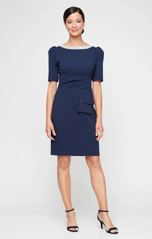 Regular - Stretch Crepe Sheath Dress with Embellished Neckline with Gather Waist and Puff Shoulder Elbow Sleeves sold by Alex Evenings