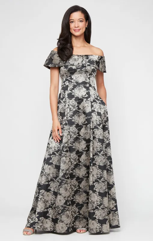 Long Printed Off The Shoulder Jacquard Ballgown sold by Alex Evenings