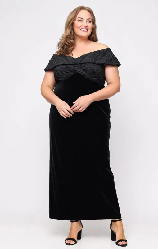 Long Stretch Velvet Sheath Dress with Taffeta Twist Off the Shoulder Neckline sold by Alex Evenings