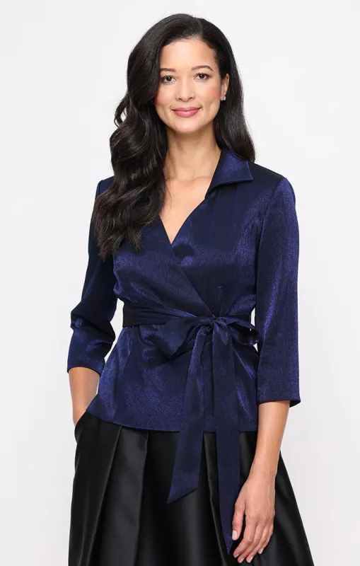3/4 Sleeve Shimmer Blouse with Surplice Neckline, Collar and Tie Waist sold by Alex Evenings