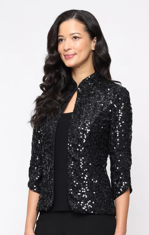 Petite 3/4 Sleeve Stretch Sequin Twinset with Solid Scoop Neck Jersey Tank and Mandarin Neck Jacket sold by Alex Evenings