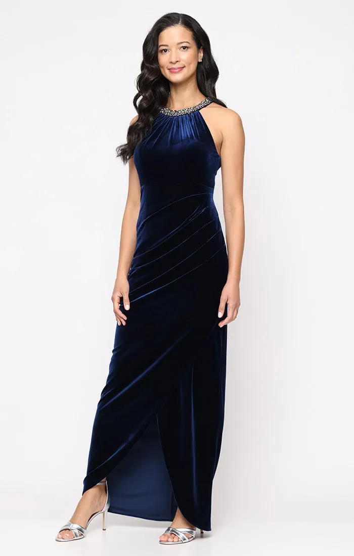 Petite - Stretch Velvet Halter Neck Dress with Embellished Neckline and Tulip Overlay Skirt sold by Alex Evenings
