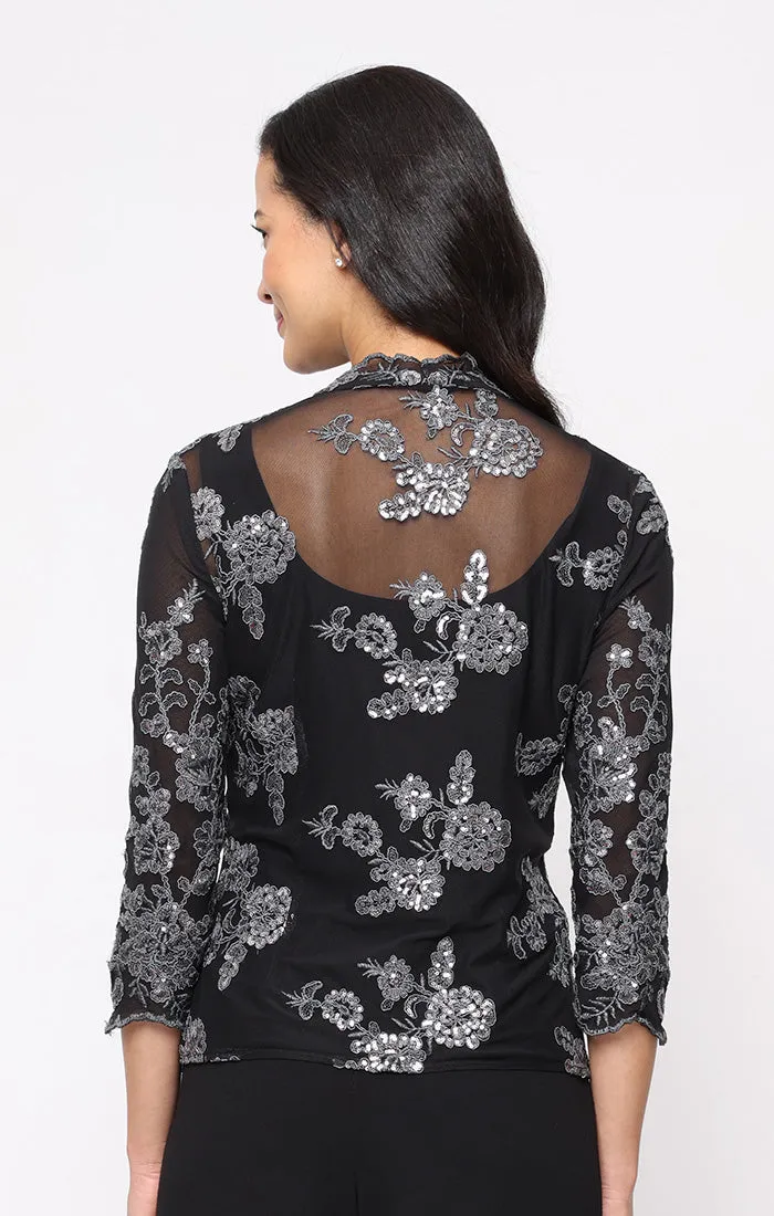 Petite - 3/4 Sleeve Embroidered Twinset with Scoop Neck Tank, Open Jacket and Scallop Detail sold by Alex Evenings product image thumbnail 3