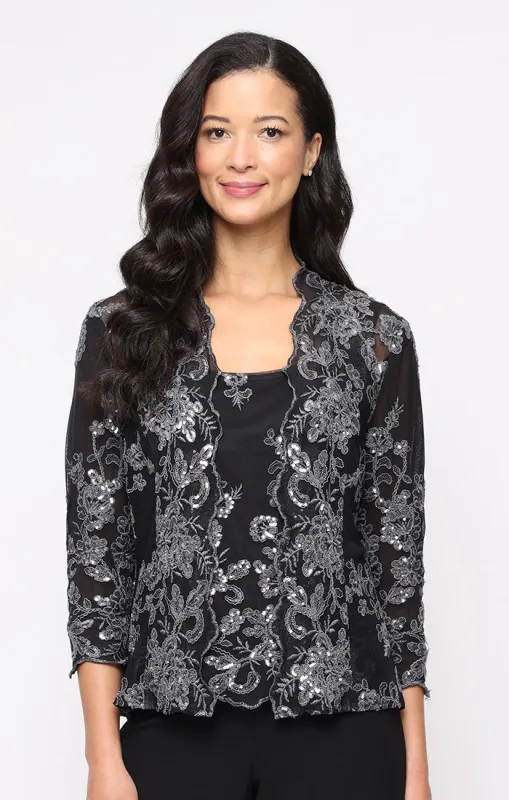 Petite 3/4 Sleeve Embroidered Twinset with Scoop Neck Tank, Open Jacket and Scallop Detail sold by Alex Evenings