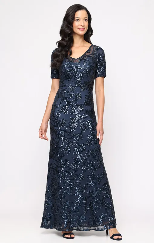 Petite Sequin Gown with V-Neckline and Elbow Sleeves sold by Alex Evenings