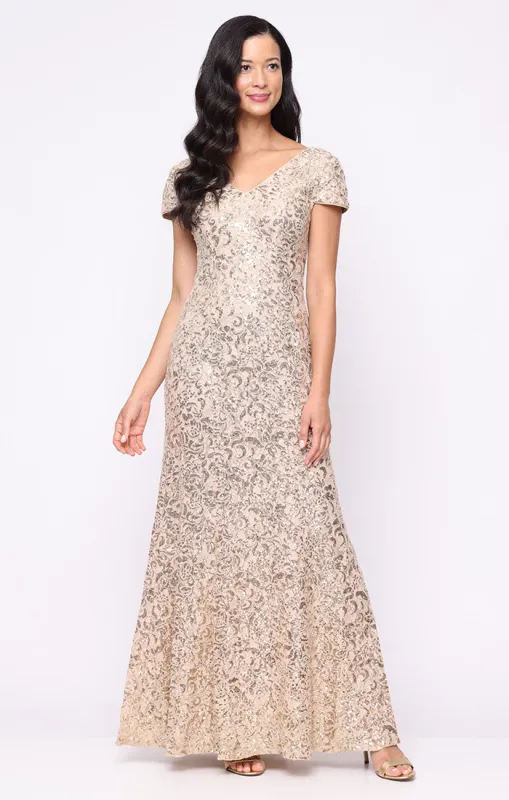 Corded Lace Fit & Flare V-Neck Gown with Cap Sleeves sold by Alex Evenings