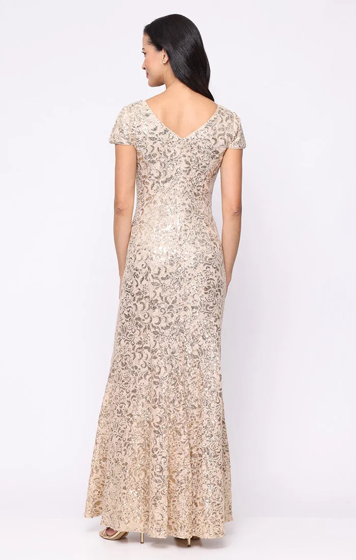 Regular - Corded Lace Fit & Flare V-Neck Gown with Cap Sleeves sold by Alex Evenings product image thumbnail 3