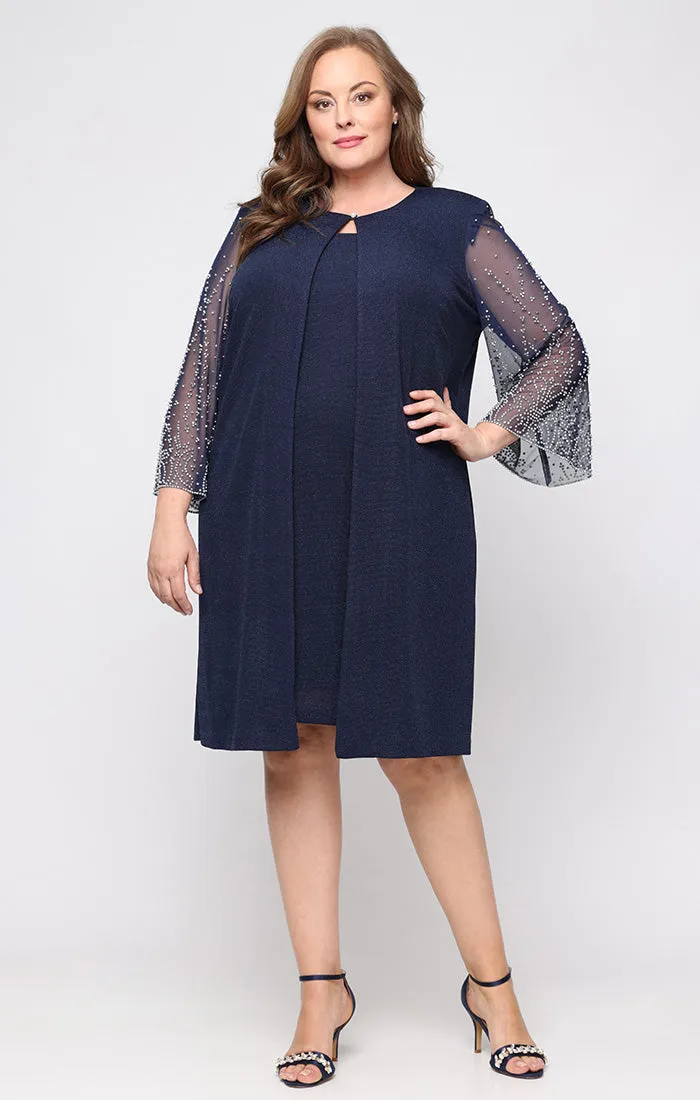 Plus - Metallic Knit Jacket Dress with Heat Set Illusion Sleeves and Elongated Jacket sold by Alex Evenings