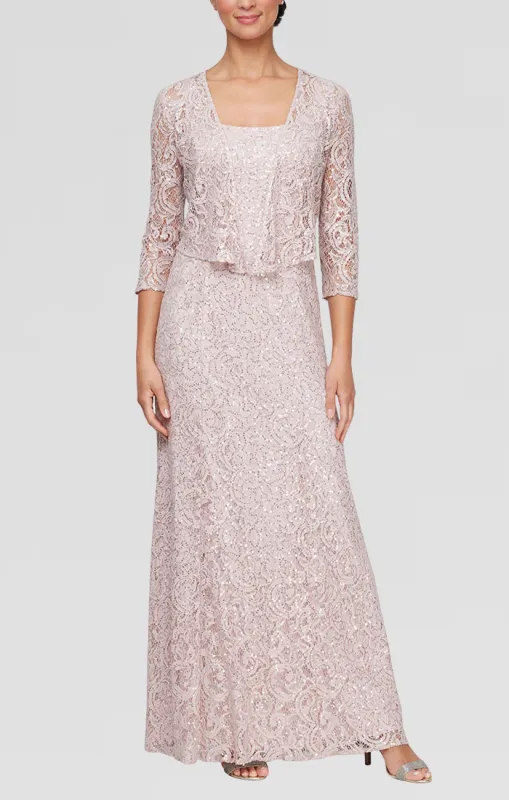 Regular - Long A-Line Jacket Dress With Illusion Cascade Jacket and Sequin Detail sold by Alex Evenings