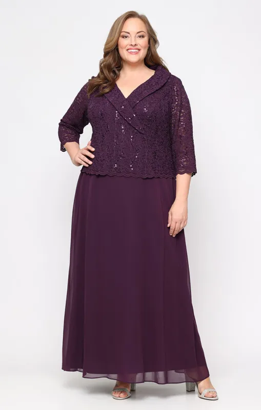 Plus - Stretch Lace Mock Dress with Portrait Collar Neckline and Chiffon Skirt sold by Alex Evenings