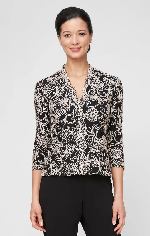 3/4 Sleeve Embroidered Blouse With Center Front Scallop Detail and Illusion Sleeves sold by Alex Evenings