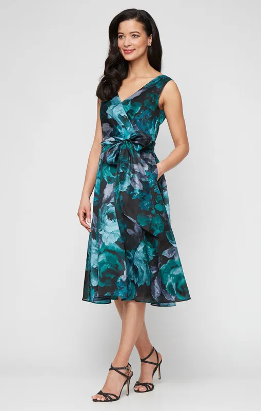 Midi Printed Yoryu Sleeveless A-Line Dress with Surplice Neckline and Tie Waist Detail sold by Alex Evenings