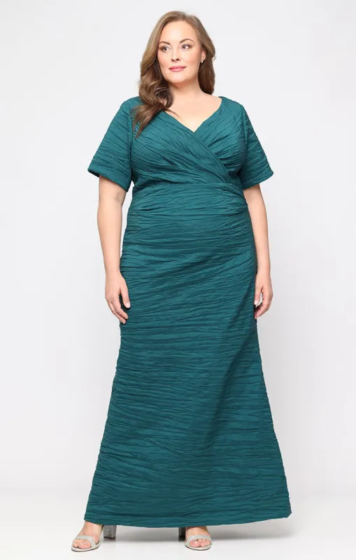 Plus - Crinkle Stretch Taffeta Dress with Surplice Neckline, Empire Waist and Cap Sleeves sold by Alex Evenings