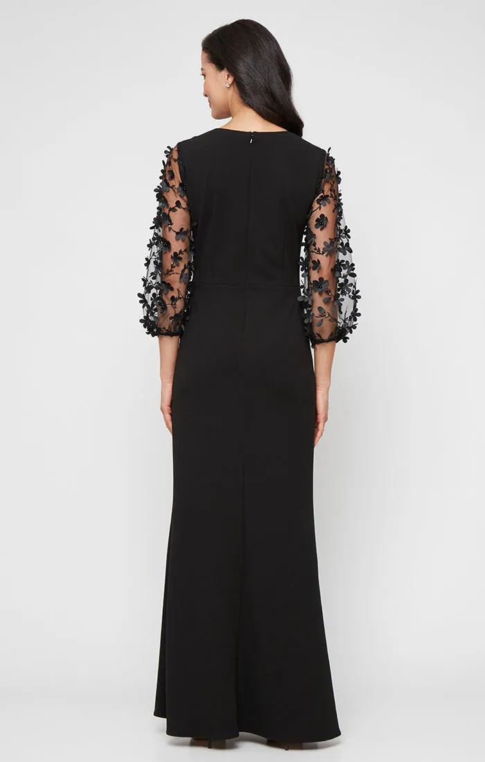 *Long Stretch Crepe Dress with Square Neckline and 3-D Floral Illusion Sleeves sold by Alex Evenings product image thumbnail 2