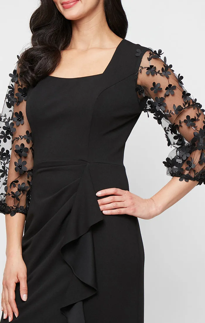 *Long Stretch Crepe Dress with Square Neckline and 3-D Floral Illusion Sleeves sold by Alex Evenings product image thumbnail 3