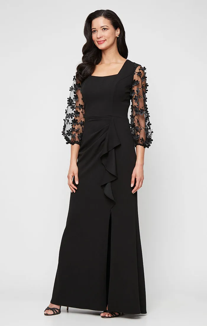*Long Stretch Crepe Dress with Square Neckline and 3-D Floral Illusion Sleeves sold by Alex Evenings