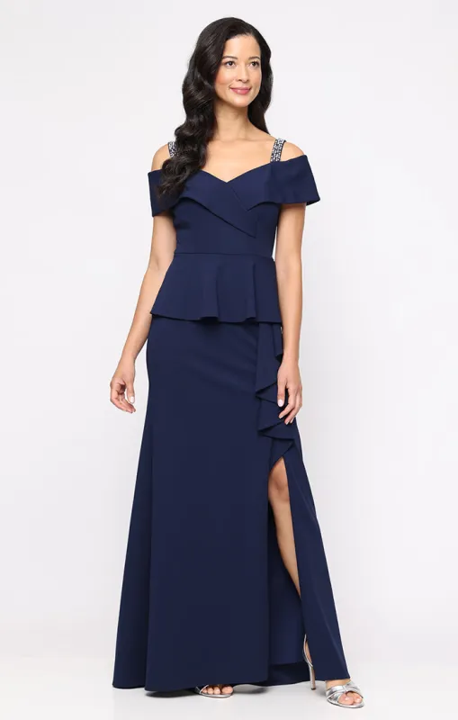 *Long Stretch Crepe Dress with Embellished Strap Cold Shoulder Detail and Cascade Peplum Hem Bodice sold by Alex Evenings