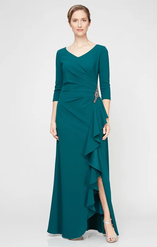 *Long V-Neck Dress With Cascade Detail Skirt sold by Alex Evenings