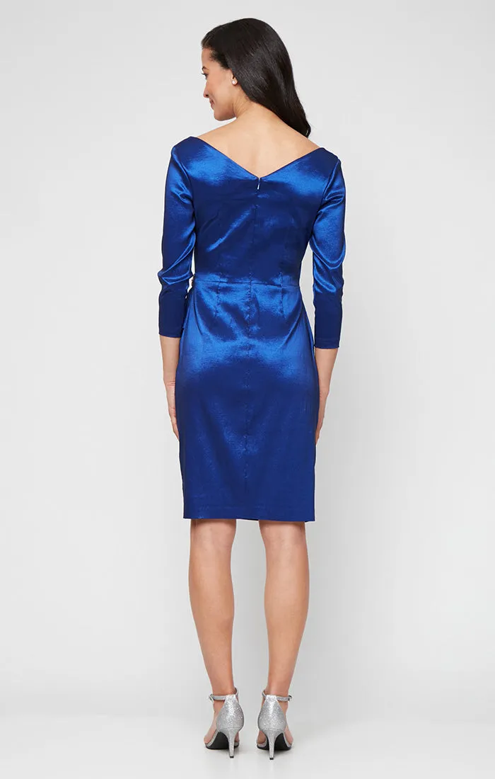 Regular - Stretch Taffeta Sheath Dress with Surplice Neckline, Cascade Skirt and Embellishment Detail at Hip sold by Alex Evenings product image thumbnail 2