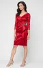 Short Stretch Taffeta Sheath Dress with Surplice Neckline, Cascade Skirt and Embellishment Detail at Hip sold by Alex Evenings