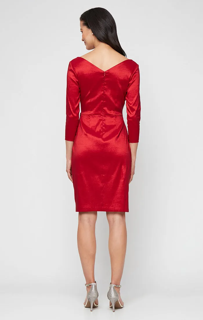 Regular - Stretch Taffeta Sheath Dress with Surplice Neckline, Cascade Skirt and Embellishment Detail at Hip sold by Alex Evenings product image thumbnail 5