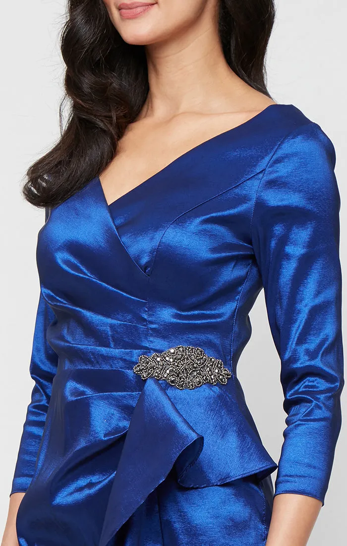 Regular - Stretch Taffeta Sheath Dress with Surplice Neckline, Cascade Skirt and Embellishment Detail at Hip sold by Alex Evenings product image thumbnail 3