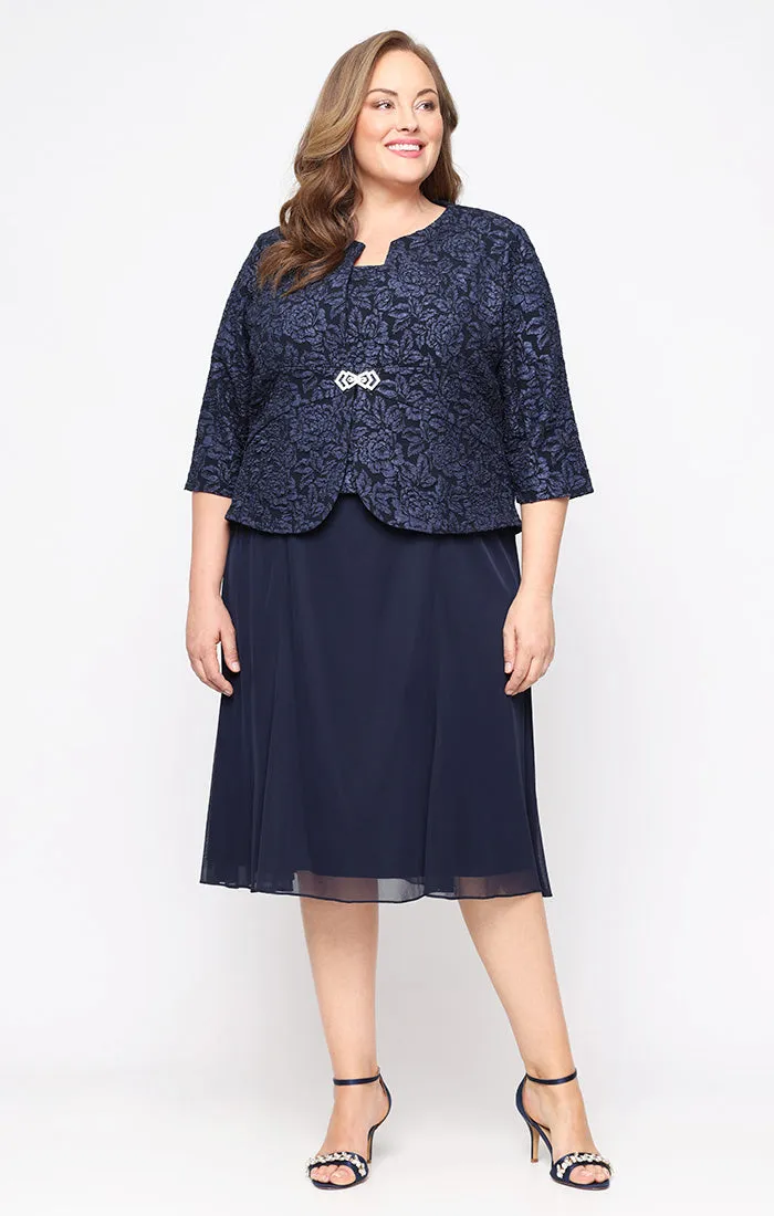 Plus Tea Length Textured Jacquard Mock Jacket Dress with Scoop Neck Bodice sold by Alex Evenings
