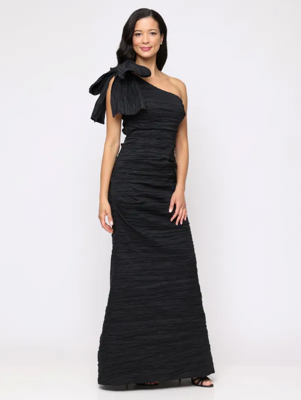 Long One Shoulder Dress with Bow Shoulder Detail sold by Alex Evenings