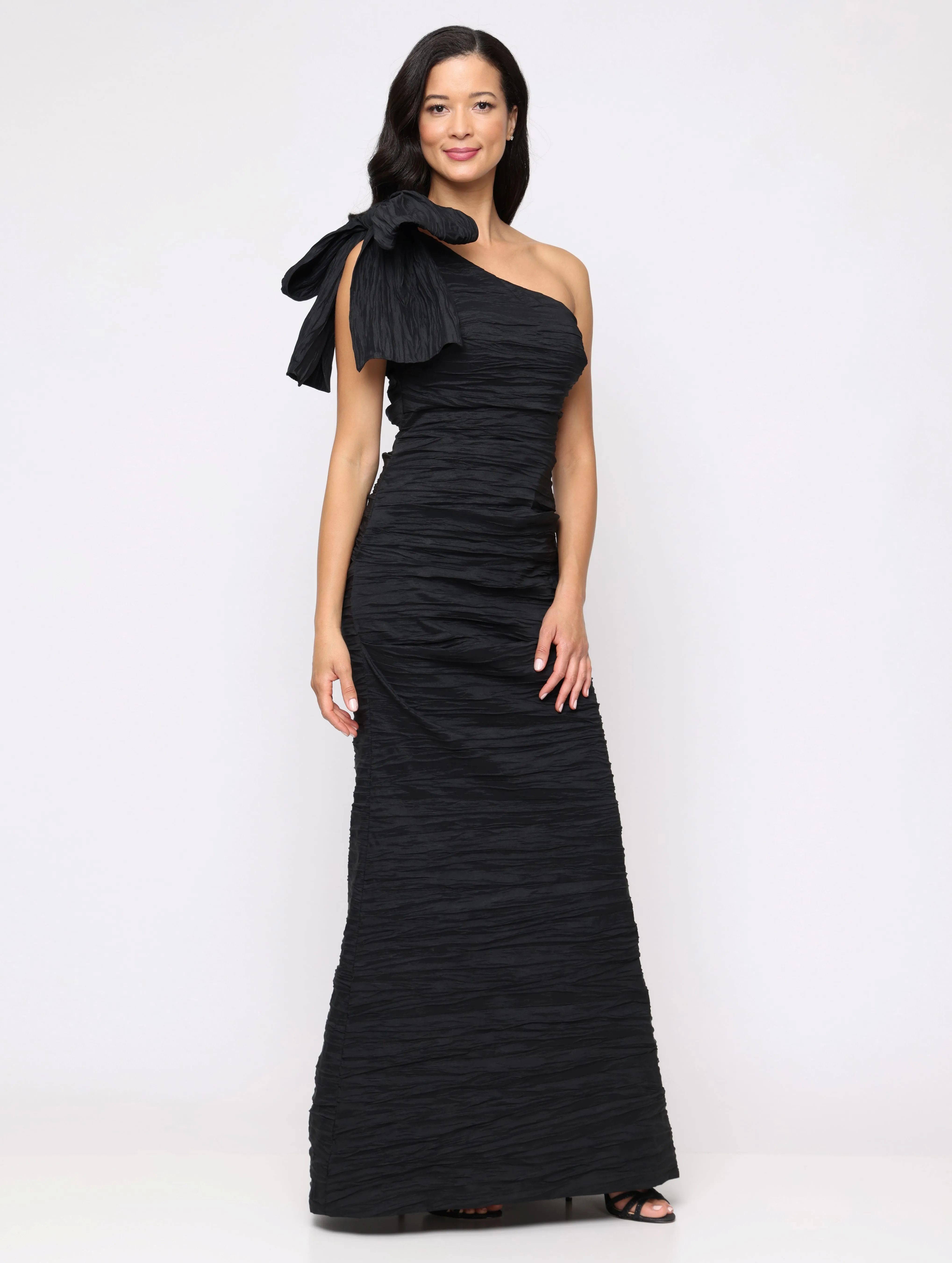 Long One Shoulder Dress with Bow Shoulder Detail sold by Alex Evenings