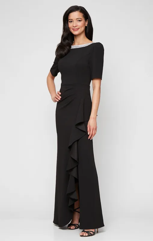 Embellished Stretch Crepe Dress with Elbow Sleeves and Cascade Detail Skirt sold by Alex Evenings