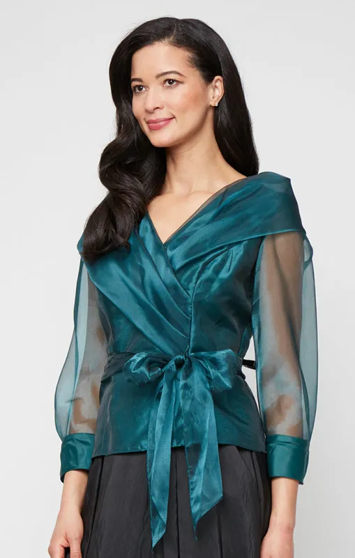Petite 3/4 Sleeve Organza Blouse with Portrait Collar Neckline, Illusion Sleeves and Tie Waist sold by Alex Evenings